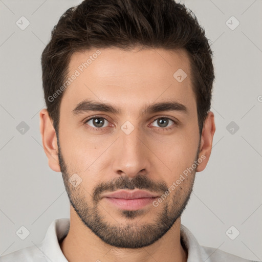 Neutral white young-adult male with short  brown hair and brown eyes