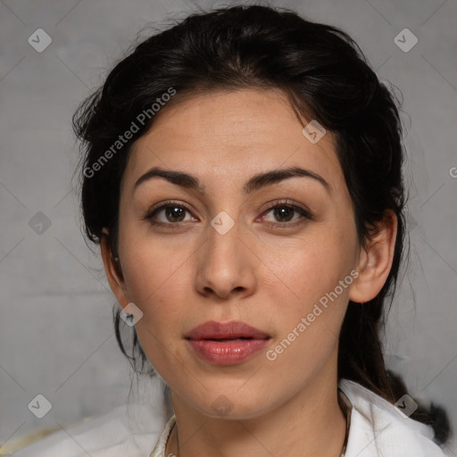 Neutral white young-adult female with medium  brown hair and brown eyes