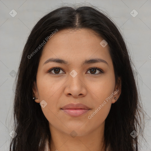 Joyful latino young-adult female with long  brown hair and brown eyes