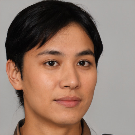 Neutral asian young-adult female with short  black hair and brown eyes
