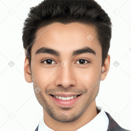 Joyful white young-adult male with short  black hair and brown eyes