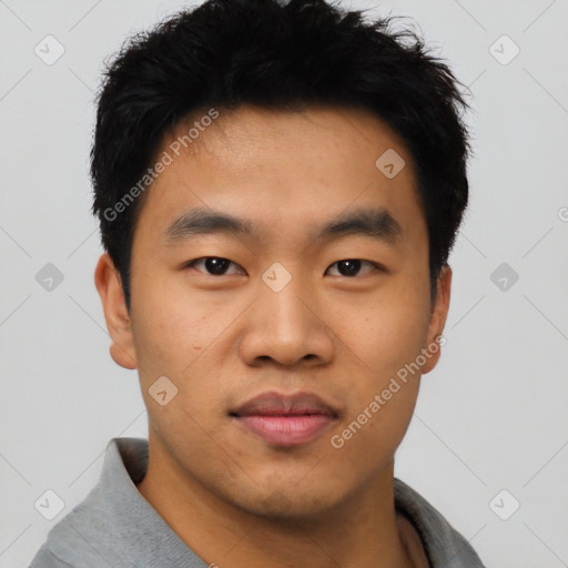 Neutral asian young-adult male with short  black hair and brown eyes