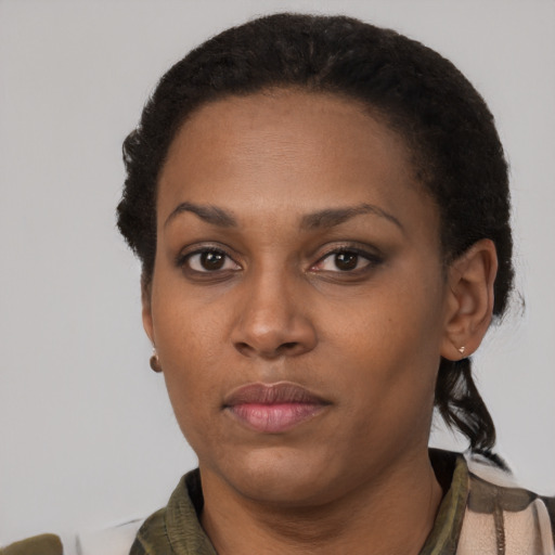 Neutral black young-adult female with short  black hair and brown eyes