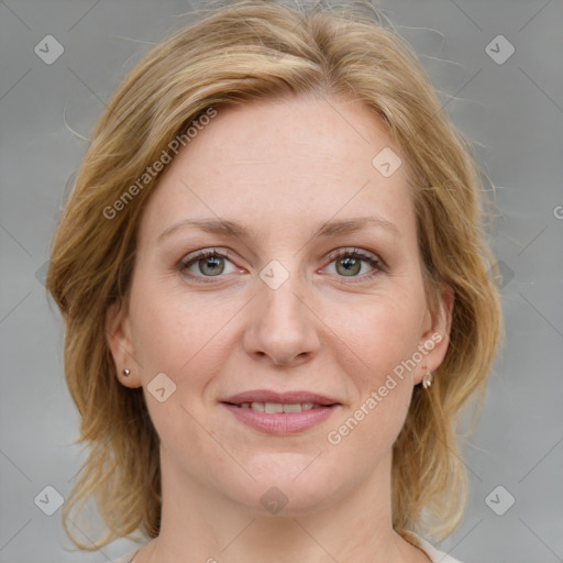 Joyful white young-adult female with medium  brown hair and blue eyes