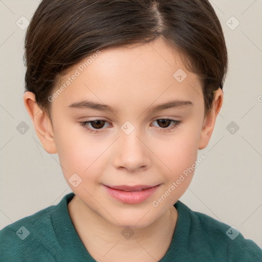 Joyful white child female with short  brown hair and brown eyes