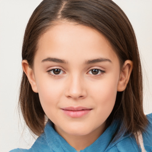 Joyful white child female with medium  brown hair and brown eyes