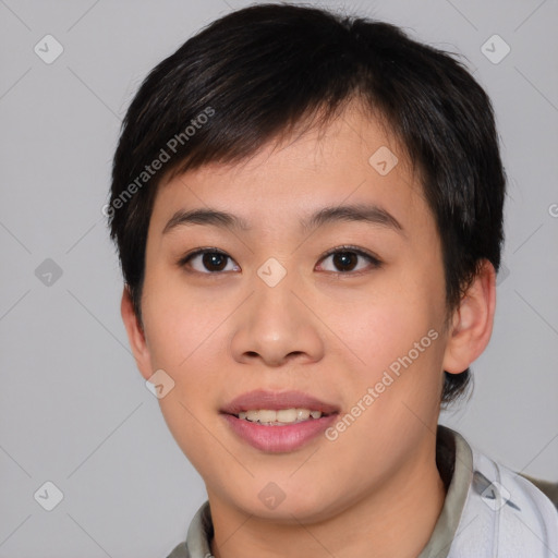 Joyful asian young-adult female with short  brown hair and brown eyes