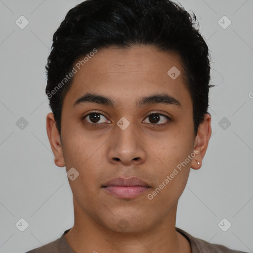 Neutral asian young-adult male with short  black hair and brown eyes