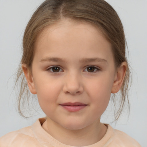 Joyful white child female with medium  brown hair and brown eyes