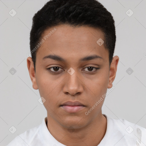Neutral latino young-adult male with short  black hair and brown eyes