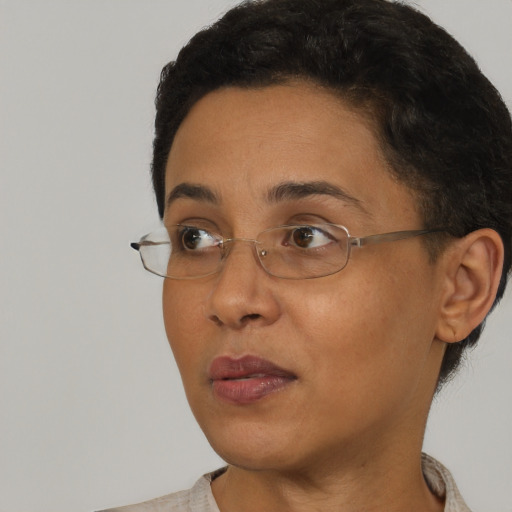 Neutral asian adult female with short  brown hair and brown eyes