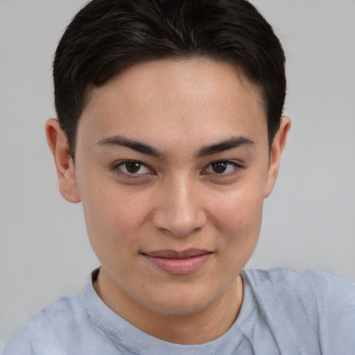 Joyful white young-adult female with short  brown hair and brown eyes