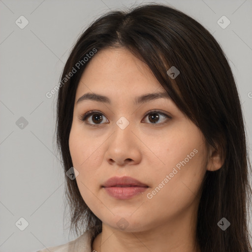 Neutral white young-adult female with long  brown hair and brown eyes