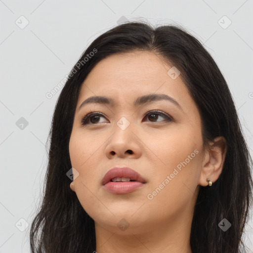 Neutral asian young-adult female with long  brown hair and brown eyes