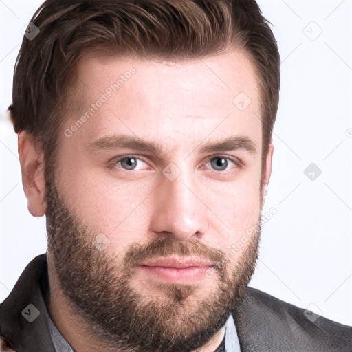 Neutral white young-adult male with short  brown hair and grey eyes