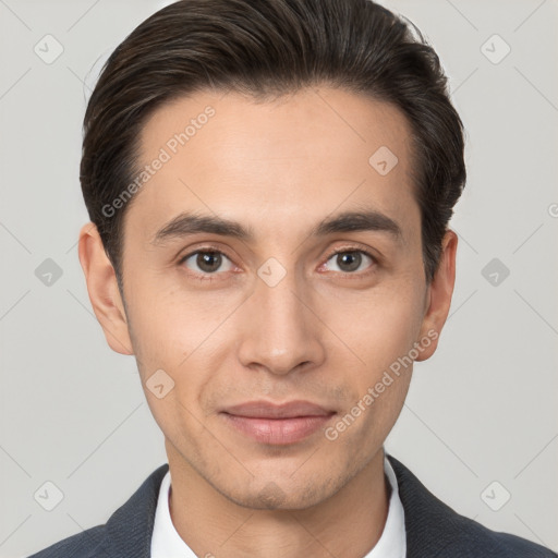 Joyful white young-adult male with short  brown hair and brown eyes