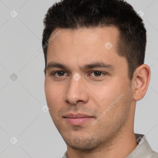 Neutral white young-adult male with short  brown hair and brown eyes