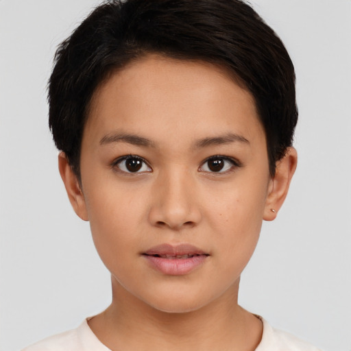 Neutral white young-adult female with short  black hair and brown eyes