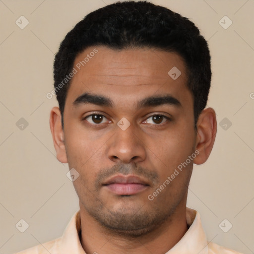 Neutral latino young-adult male with short  black hair and brown eyes