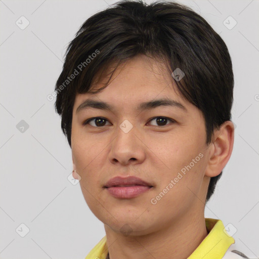 Neutral asian young-adult male with short  brown hair and brown eyes
