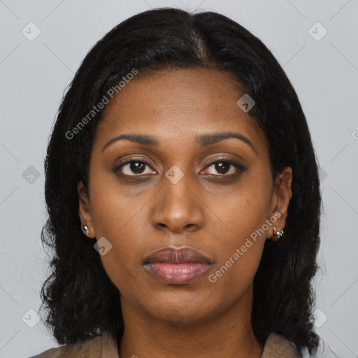 Neutral black young-adult female with medium  black hair and brown eyes