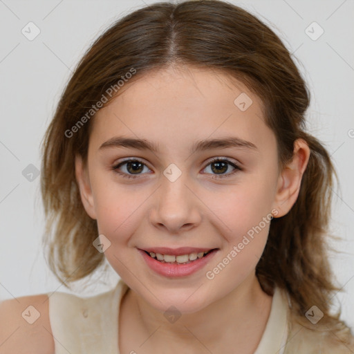 Joyful white child female with medium  brown hair and brown eyes