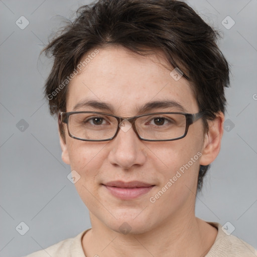 Joyful white adult female with short  brown hair and brown eyes