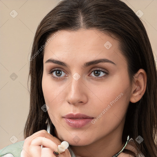 Neutral white young-adult female with medium  brown hair and brown eyes