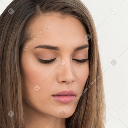 Neutral white young-adult female with long  brown hair and brown eyes