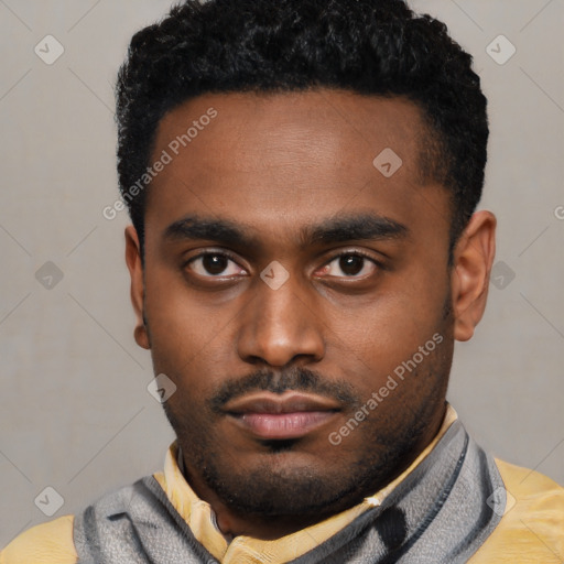 Neutral latino young-adult male with short  black hair and brown eyes