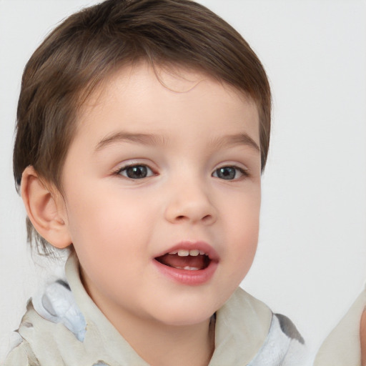 Joyful white child male with medium  brown hair and brown eyes