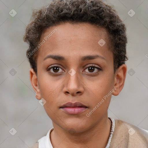 Neutral white young-adult female with short  brown hair and brown eyes