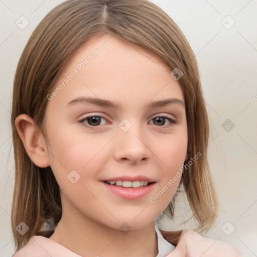 Joyful white child female with medium  brown hair and brown eyes