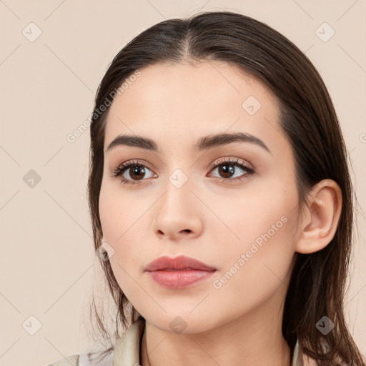 Neutral white young-adult female with medium  brown hair and brown eyes