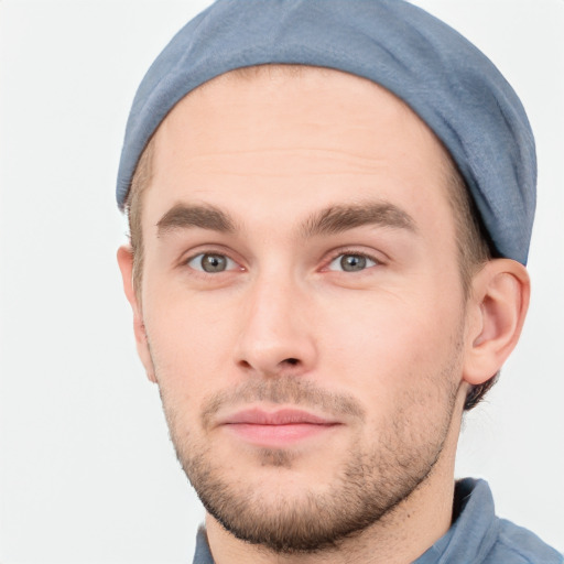 Neutral white young-adult male with short  brown hair and grey eyes