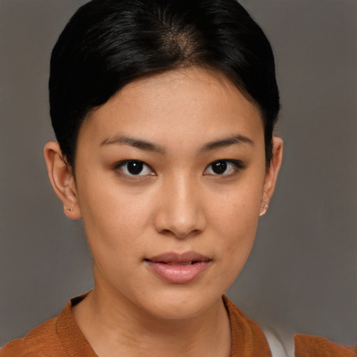 Neutral asian young-adult female with short  brown hair and brown eyes