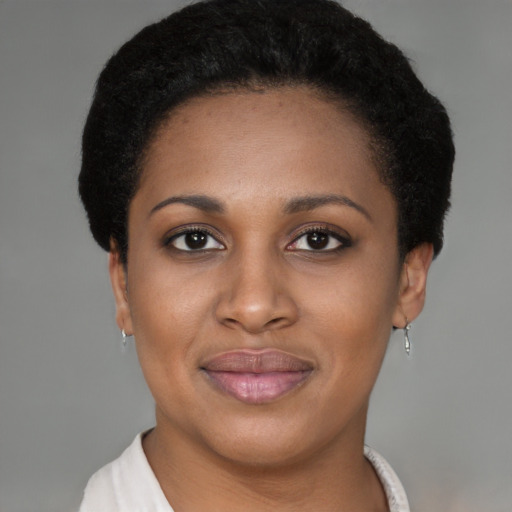 Joyful black young-adult female with short  brown hair and brown eyes