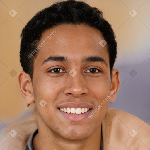 Joyful latino young-adult male with short  brown hair and brown eyes
