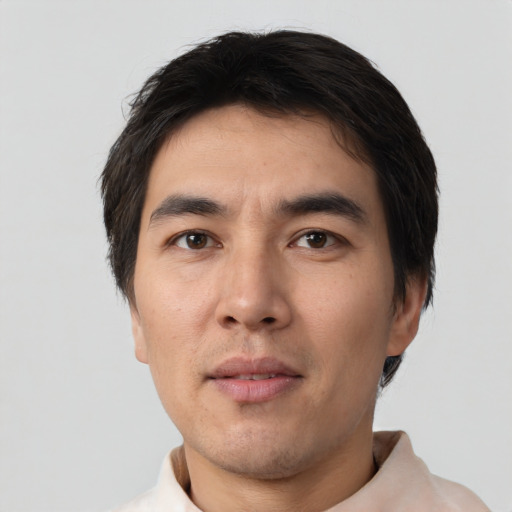 Neutral asian young-adult male with short  black hair and brown eyes