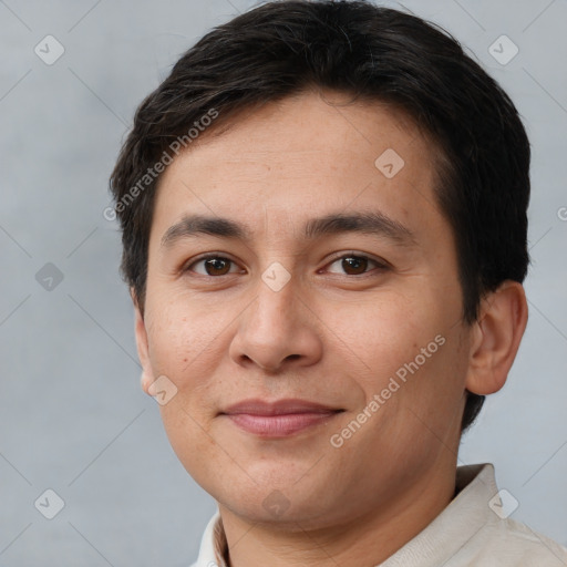 Joyful white adult male with short  brown hair and brown eyes