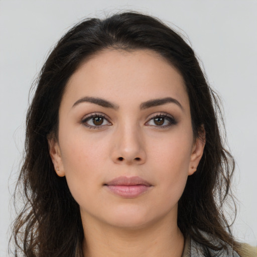 Neutral asian young-adult female with long  brown hair and brown eyes