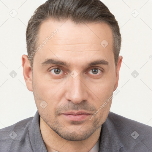 Neutral white adult male with short  brown hair and brown eyes