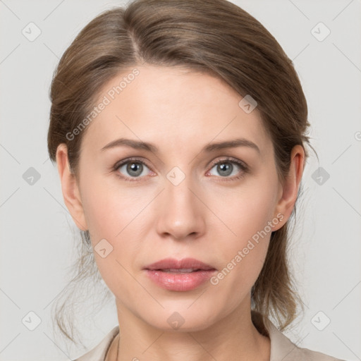 Neutral white young-adult female with medium  brown hair and grey eyes