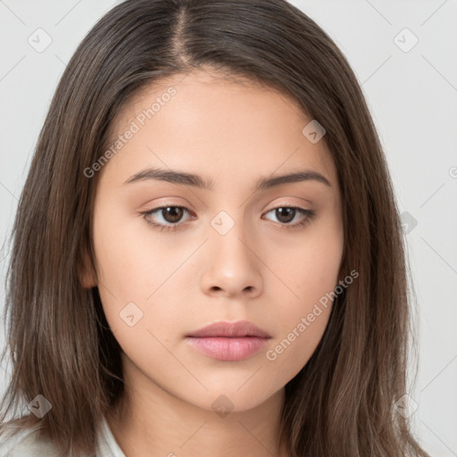 Neutral white young-adult female with long  brown hair and brown eyes