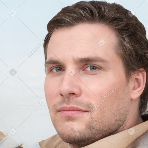 Neutral white young-adult male with short  brown hair and grey eyes