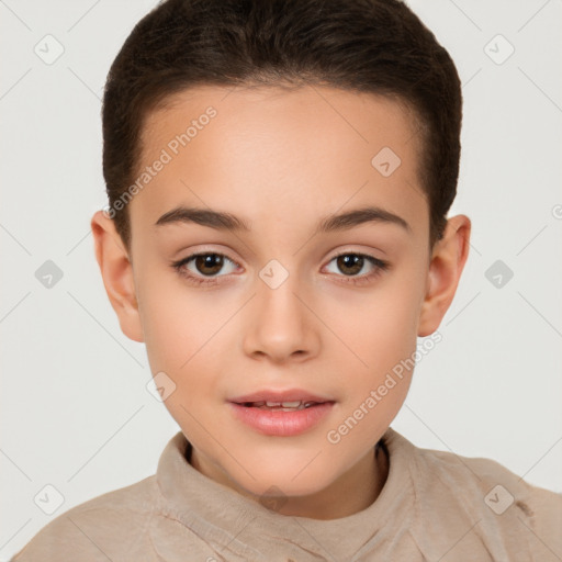 Joyful white child female with short  brown hair and brown eyes