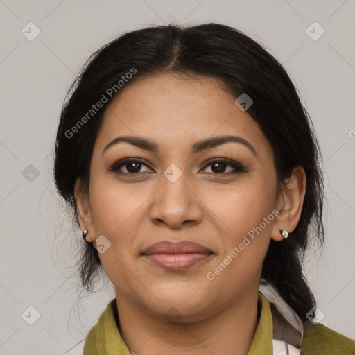 Joyful latino young-adult female with medium  black hair and brown eyes