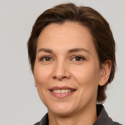 Joyful white adult female with medium  brown hair and grey eyes