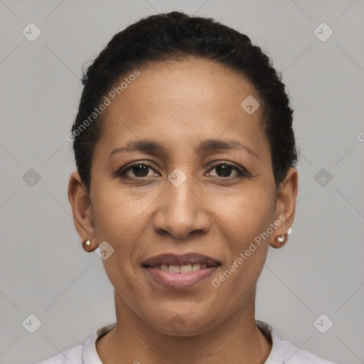 Joyful white adult female with short  brown hair and brown eyes