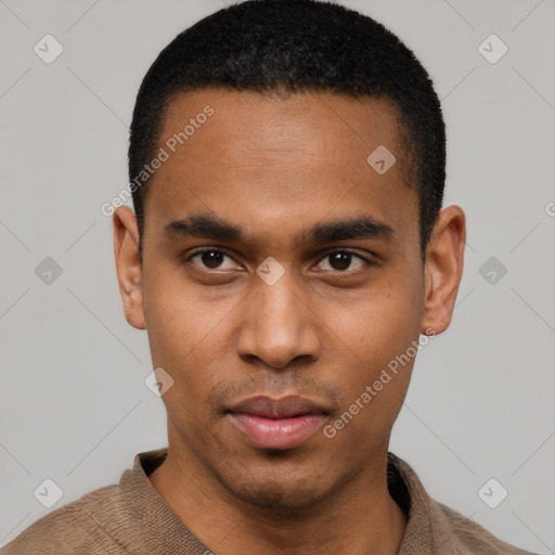 Neutral latino young-adult male with short  black hair and brown eyes